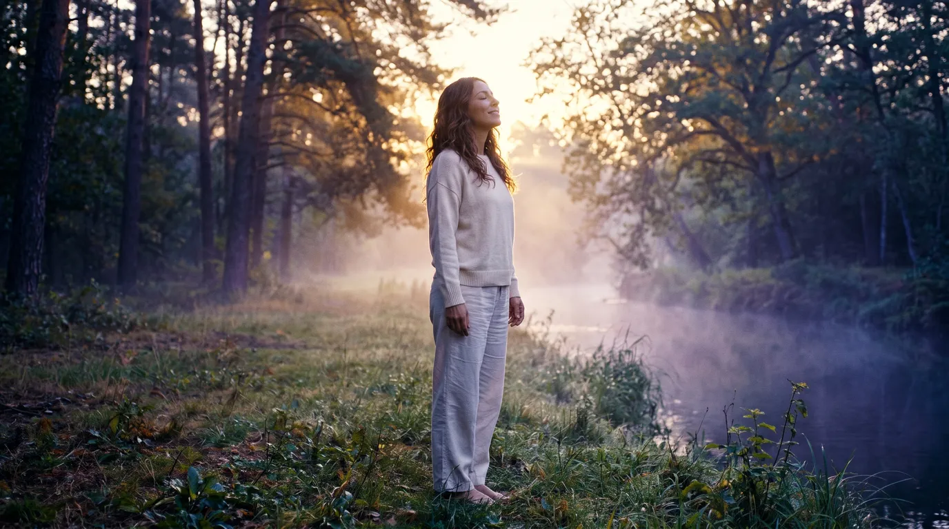 La misma mujer, descalza en un claro del bosque junto a un río al amanecer