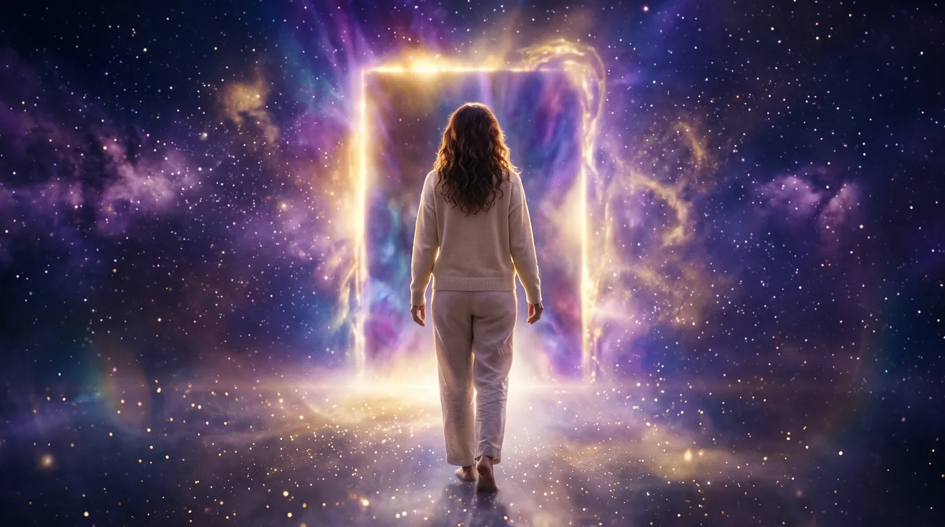 La mujer camina hacia un umbral de luz dorada y violeta entre estrellas